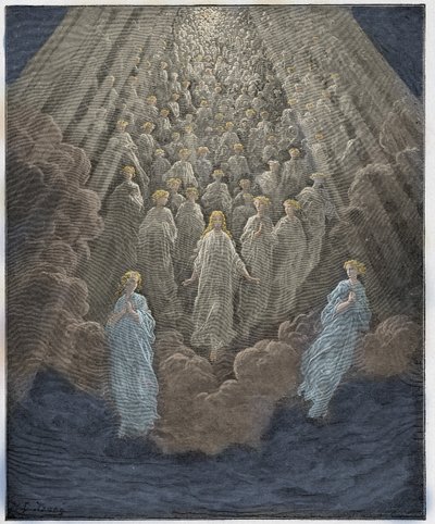 Paraíso, Canto 5: La multitud de almas resplandecientes en el segundo reino, ilustración de La Divina Comedia de Dante Alighieri, 1885 (grabado coloreado digitalmente) de Gustave after Dore